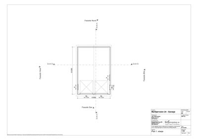 Fasadetegning (opprikk) av en garasje med angitte mål og snittlinjer.