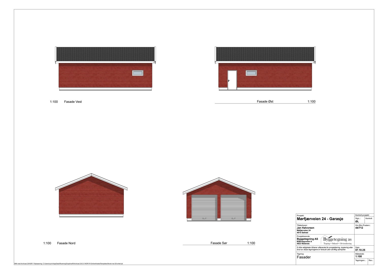 Fasadetegning som viser bygningens utseende fra fire ulike vinkler (Vest, Øst, Nord og Sør).