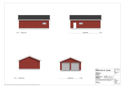 Fasadetegning som viser bygningens utseende fra fire ulike vinkler (Vest, Øst, Nord og Sør).
