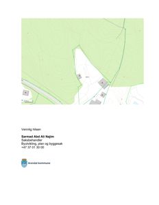 Bildet viser en situasjonsplan eller et kart over eiendom med topografi, bygningsplasseringer og kommunegrenser (Arendal kommune).