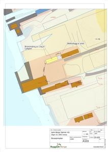 Situasjonsplan som viser tomt, bygninger og bruksendringer.