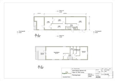 Plantegning som viser romfordeling og arealer for etasjene 1 og 2 i en bygning.