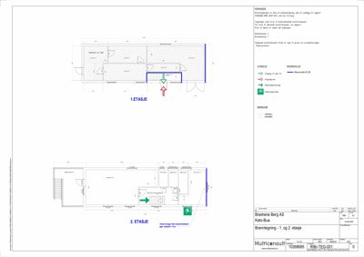 Etasjeplaner (1. og 2. etasje) med romfordeling, brannveier og utrykningsruter.