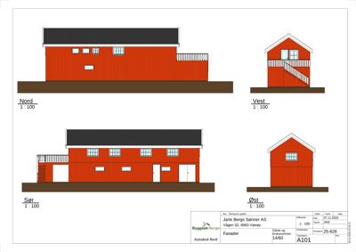 Fasadetegning som viser bygningens utsyn fra fire sider: Nord, Vest, Sør og Øst.