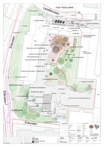 Situasjonsplan som viser bygningens plassering i forhold til omgivelser, eksisterende og nye elementer, samt vegnett og arealbruk.