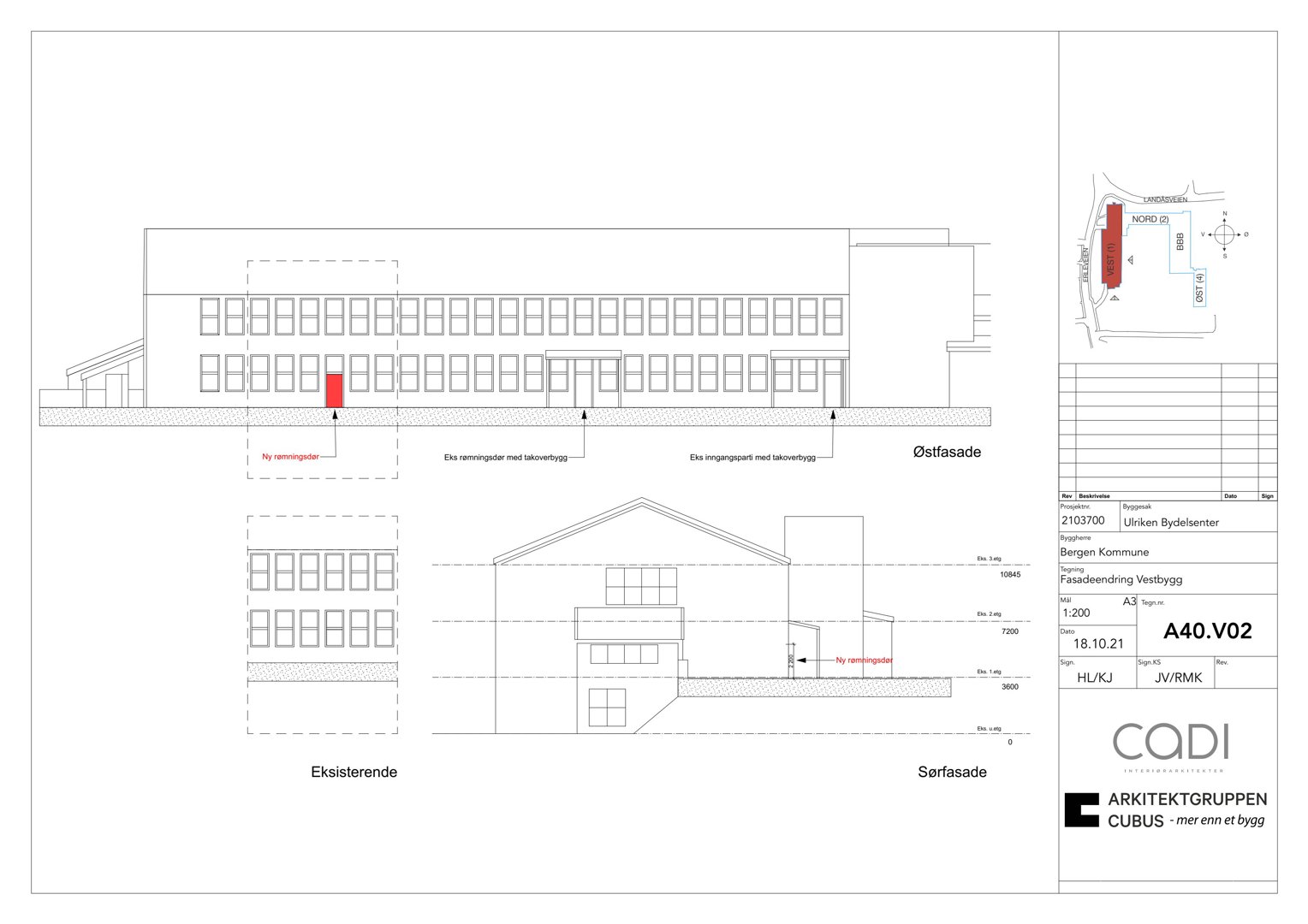 Fasadetegning som viser Østfasade og Sørfasade for et bygg, inkludert eksisterende deler og nye innganger.