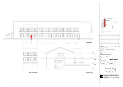 Fasadetegning som viser Østfasade og Sørfasade for et bygg, inkludert eksisterende deler og nye innganger.