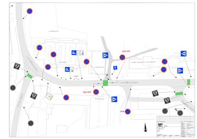 Kart over et område med veier (Landåsveien, Erleviken, Rudeveien), bygninger, parkeringsplasser og trafikkreguleringer.
