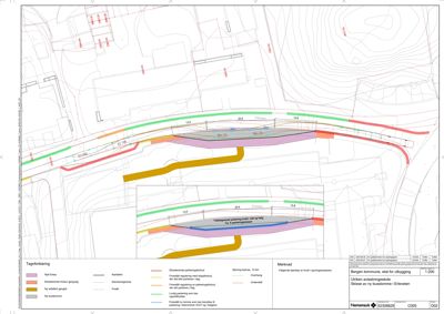 Situasjonsplan som viser tomtens grenser, eksisterende og planlagt parkeringsanlegg, veier og topografi.