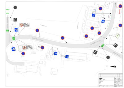 Situasjonsplan som viser bygningers plassering i forhold til veier (Landåsveien, Vyrveien), parkeringsplasser (P), og trafikkreguleringer (forbudsskilt).