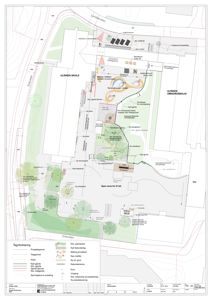 Situasjonsplan som viser plassering av Ulriken skole og Ulriken omsorgsbolig, inkludert nye og eksisterende arealer, vegger, trapper og omgivelser.
