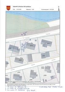 Situasjonsplan (tomtekart) med bygningsplassering, vegnavn, eiendomsnummer og håndskrevne notater om avstander.