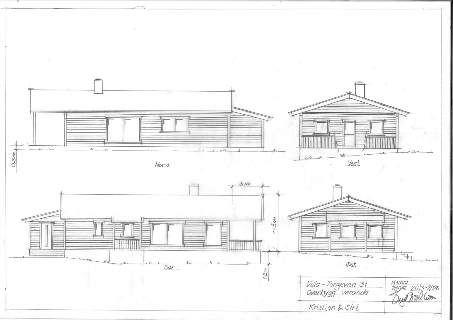 Fasadetegning som viser bygningens utsyn fra fire sider (Nord, Vest, Sør, Øst) med mål og detaljer.