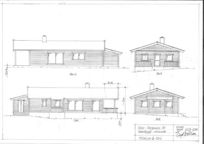 Fasadetegning som viser bygningens utsyn fra fire sider (Nord, Vest, Sør, Øst) med mål og detaljer.
