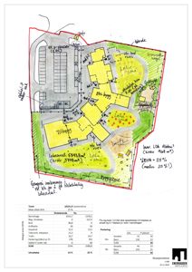 Situasjonsplan som viser tomtens areal, eksisterende og ny bruk (barnehage, boliger, parkering), bebyggelse, og arealreguleringer.