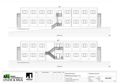 Tegning som viser fasadeopprikk for en bygning sett fra vest og øst.