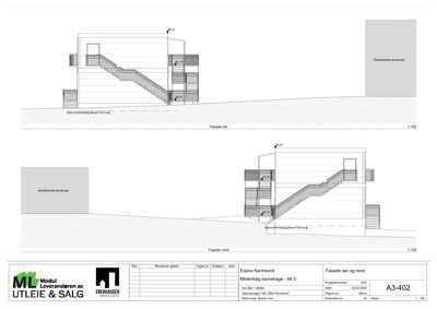 Fasadetegning som viser bygningens utseende sett fra sør og nord, inkludert trapper, balkonger og høydemål.