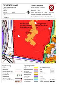Situasjonskart med reguleringsplan som viser eiendomsgranser, reguleringsformål (f.eks. boliger, industri), vegkant og kommunale ledninger.