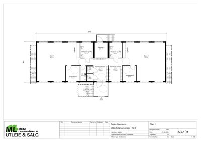Plantegning av etasje 3 i en midlertidig barnehage (Espira Karmsund). Tegningen viser romfordeling, størrelser, og plassering av vaskerom, garderobe og trapper.