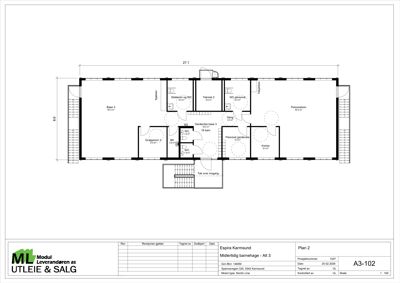 Etasjeplan (Plan 2) for en midlertidig barnehage, som viser romfordeling, størrelser og funksjoner.