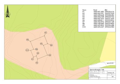 Situasjonsplan som viser tomtens form, grenser (H1-H10) og topografi.