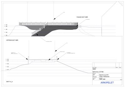 Snittegning (SNITT A_A) som viser oppriss og snitt av en fasade mot sør, inkludert trapp, heis og terrengforhold.