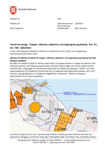 Situasjonsplan som viser eiendomsnummer, bevaringsområder og plassering av tiltaket (trapper og rekkverk) i forhold til nabolag.