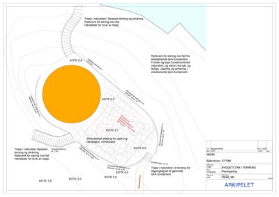 Situasjonsplan som viser terrengform, koter, eksisterende og planlagt bebyggelse samt terrengarbeider.