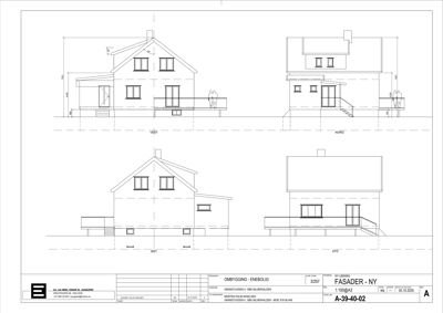 Fasadetegning som viser bygningens utseende fra fire sider (vest, nord, øst, syd) med mål og detaljer.