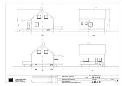 Fasadetegning som viser bygningens utseende fra fire sider (Vest, Nord, Øst, Sør) med mål og detaljer.