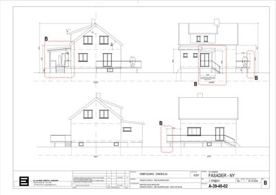 Fasadetegning som viser bygningens utseende fra fire sider (vest, nord, øst og syd) med mål og detaljer.