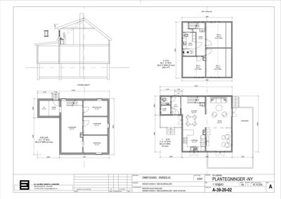 En tegning som viser romfordeling og etasjer for en bolig, inkludert kyller, 1. etg og 2. etg.