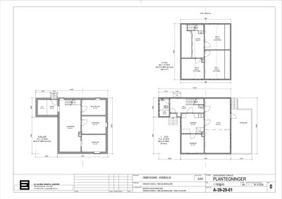 Plantegninger som viser romfordeling og etasjer for en bolig (kjeller, 1. etg, 2. etg).
