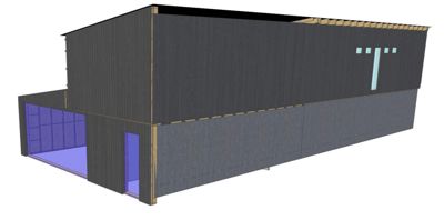 3D-visualisering av en bygning sett fra en vinkel som viser fasade og deler av volumet.