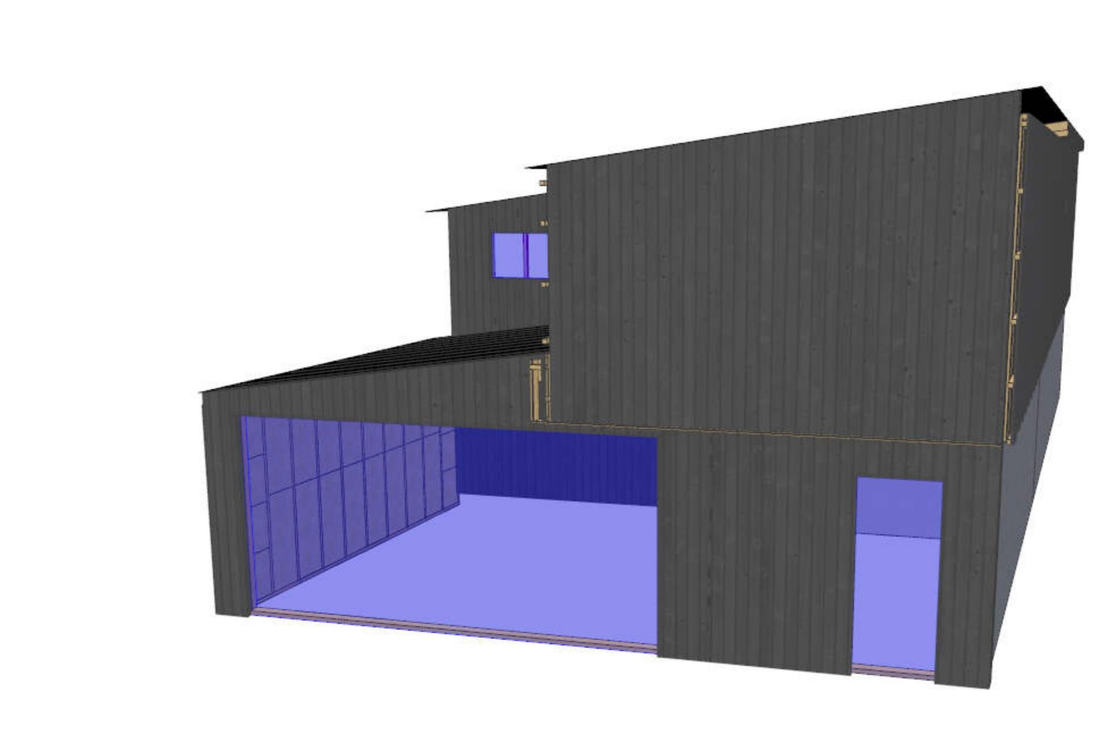 3D-visualisering av en bygning med mørk fasade, store åpninger og blå innvendige flater.