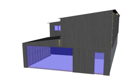 3D-visualisering av en bygning med mørk fasade, store åpninger og blå innvendige flater.