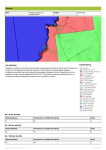 Kart som viser stormflo-områder og vannstandshøyder langs kysten, med en tabell over sikkerhetsklasser og antall.