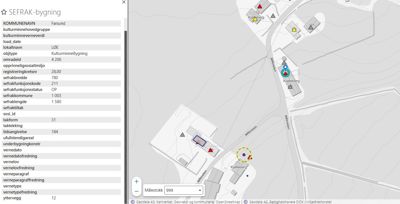 Kartvisning av et område med bygninger og infrastruktur, inkludert en sidepanel med data om bygningen.