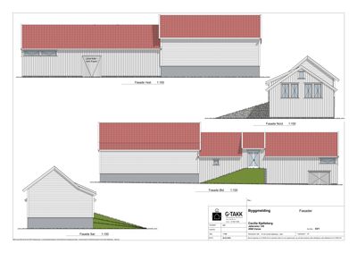 Fasadetegning som viser bygningens utseende fra fire sider (Vest, Nord, Øst, Sør).
