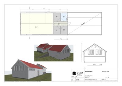 Bildet viser en byggesak som inneholder et etasjeplan (Plan 1:100) med romfordeling, samt 3D-visualiseringer og et snitt. Den dominerende tegningen er et plan.