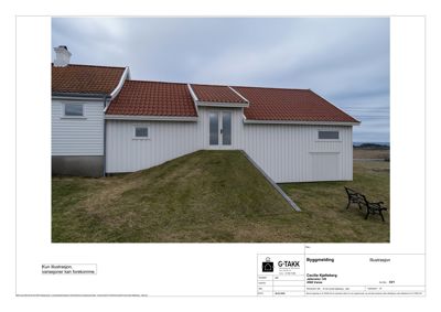 3D-visualisering av en planlagt bygning med tekst som forklarer at det er en illustrasjon.