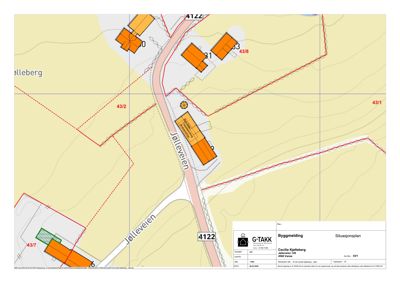 Situasjonsplan som viser tomtens grenser, naboeiendommer, veier og bygningers plassering.