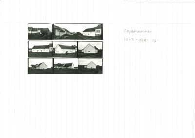 Et ark med flere småfotografier av en bygning sett fra ulike vinkler.