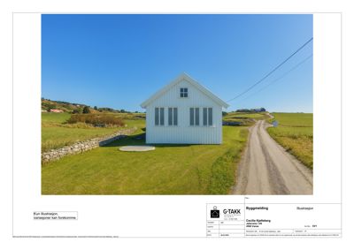 3D-visualisering eller illustrasjon av en planlagt bygning (hvit hytte) sett fra utsiden.