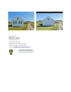 To bilder av en hvit hytte sett fra utsiden, med kontaktinformasjon og kommune-logo nederst.