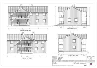 Fasadetegning som viser bygningens utseende fra fire sider: Nord, Vest, Sør og Øst.