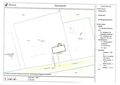 Situasjonsplan (kartutsnitt) som viser eiendomsnummer, bygningers plassering, grenser og avstander til vei.