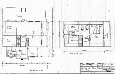 Plantegning som viser romfordeling, mål og areal for etasjen (kjøkken, stue, soverom, bad, hall, bod).