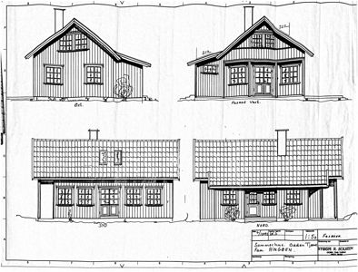 Fasadetegning som viser bygningens utsyn fra fire ulike vinkler (vest, nord, øst og sør).