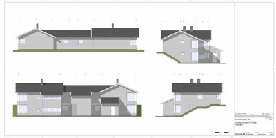 Fasadetegning som viser front- og sideopprikk av en bolig med takform, vinduer og terrassering.